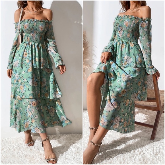 Boho Floral Print Off Shoulder Maxi Dress - Picture 3 of 7